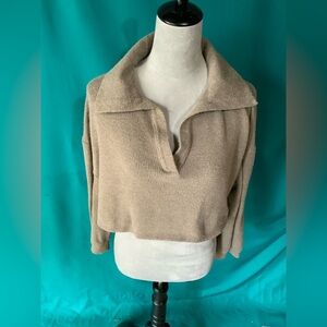 Le Lis Collection Cropped Collared Tan/Taupe V-Neck Sweater, Size Medium
